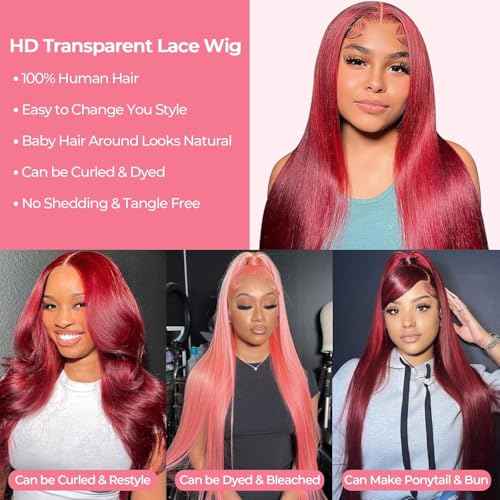 Estilar 99j Burgundy Lace Front Wigs Human Hair 20Inch Burgundy Wig 150% Density Brazilian Virgin Straight Human Hair Wigs for Women Pre Plucked with Baby Hair
