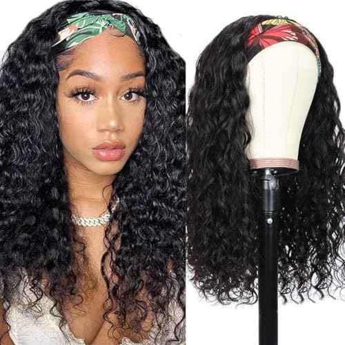 Long Headband Wig Human Hair Water Wave Headband Wigs for Women Curly Wigs Glueless No Lace Front Wig Brazilian Virgin Human Hair 180% Density Natural Black Color 30Inch