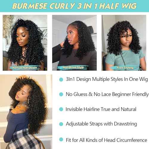 18 Inch Half Wig Burmese Curly Human Hair Wig for Women 250 Density 3 In 1 Seamless Flip Over Half Wigs Beginner Friendly Glueless Wigs Human Hair with Spiral End Natural Color