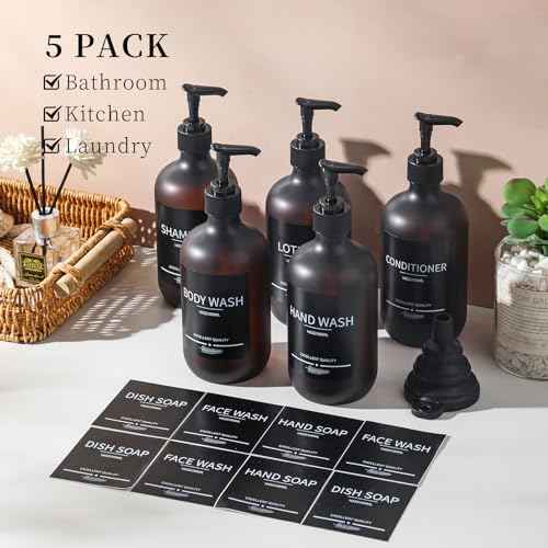 Shampoo Bottles Refillable with Pump (5Pack Matte Amber) Plastic 16.9oz Amber Reusable Shampoo and Conditioner Bottles,Bathroom Bottles with Pump and Labels