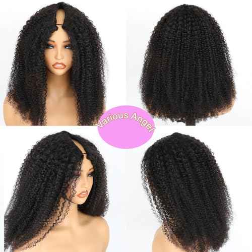 Domiso 22 Inch V Part Wig Human Hair Upgraded Afro Kinky Curly V Part Wigs Pre-Minimum Leave Out Anti Slip Elastic Band & Removable Clips Glueless Wigs 200% Density Half Wig Beginner Wigs