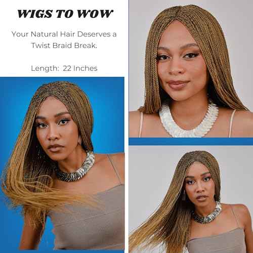Twisted Wigs, 22-Inch Micro Million Twist Braided Wig - Light, Ultra Braid Wigs for Black Women with Glueless Front Lace Closure - No Tangle Synthetic Braids - Copper Blonde - Color 27