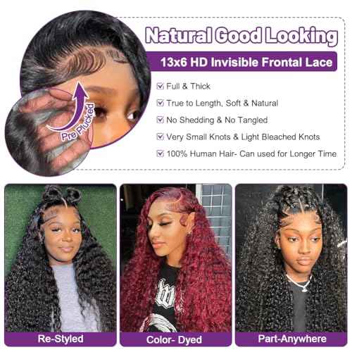Deep Wave Lace Front Wigs Human Hair Pre Plucked 13x6 Deep Curly Wig Human Hair for Black Women 180% Density Wet and Wavy HD Lace Frontal Wigs Human Hair with Natural Hairline 20 Inch