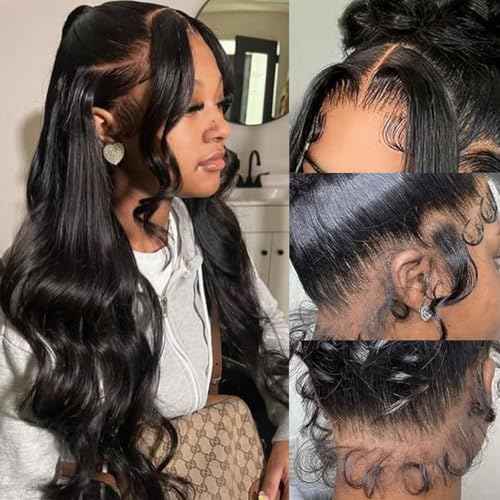 360 Lace Front Wigs Human Hair 220% Density Hidden Straps Body Wave HD Lace Front Wigs with Drawstring 360 Full Lace Wigs Brazilian Virgin Human Hair Wig for Women Natural Black 16Inch