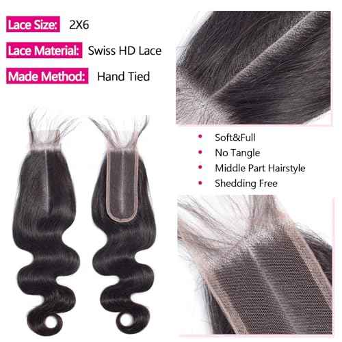 12A Human Hair Bundles with 2x6 Closure 16 18 20 with 14 Inch Brazilian Body Wave 3 Bundles Human Hair with 2x6 HD Lace Closure 100% Unprocessed Virgin Human Hair Weave