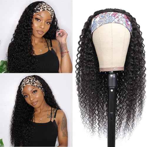 WENYAN Headband Wig Human Hair Deep Wave 24 Inch Wigs for Black Women Glueless None Lace Front Curly Wave Wig Brazilian Virgin Hair Wear and Go Wigs Machine Made 150% Density Natural Color