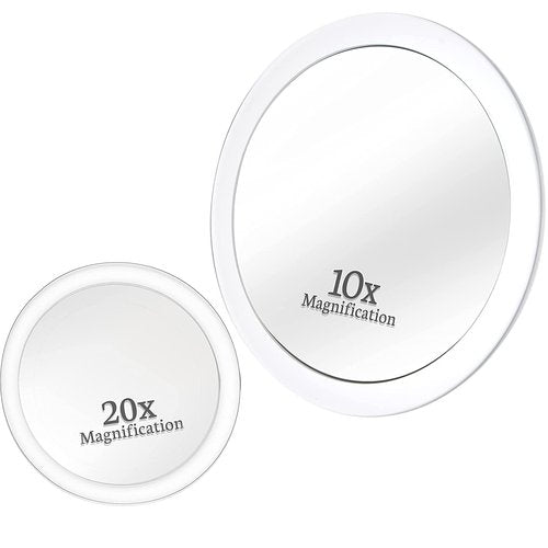 MIRRORVANA 20X & 10X Magnifying Mirror Set with 3 Suction Cups Each - Compact & Travel Ready Mirror for Makeup - Sizes: 6" and 4" Wide