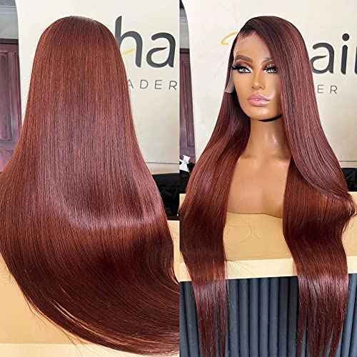 28 Inch Reddish Brown Straight Lace Front Wig, 13x4 HD Lace Front Wigs Human Hair Pre Plucked With Baby Hair HD Lace Frontal Wigs for Black Women 180% Density