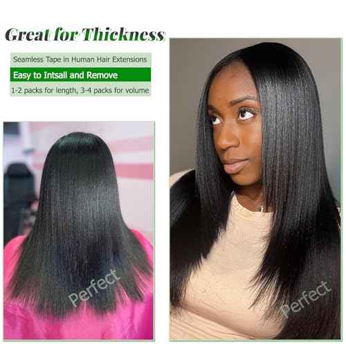 Tape in Hair Extensions Yaki Straight Real Human Hair Tape in Extensions - 24 Inch Long Straight Natural Color Human Hair Extensions Light Yaki Tape ins for Black Women