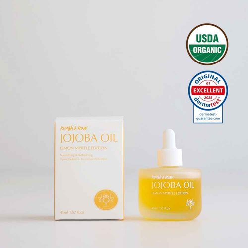 ROUGH & RAW USDA Organic Jojoba Oil with Lemon Myrtle -100% Pure Cold Pressed Unrefined Golden Jojoba for Face, Body, Hair & Nails - Fresh Citrus Scent, Vegan, Cruelty-Free (1.52 fl.oz)