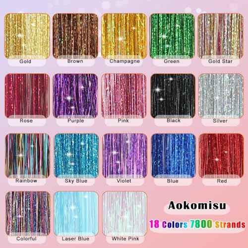 Hair Tinsel, 18 Colors 7800 Strands 48 Inch Glitter Tinsel Hair Extensions Kit Heat Resistant Daily Use Festivals Shiny Fairy Hair Accessories for Girls Kids Women (18 Colors)