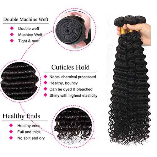 Deep Wave Bundles with Closure Human Hair Deep Curly 3 Bundles and 4x4 Closure (16 18 20+14Inch) Free Part Natural Color 100% Unprocessed Brazilian Virgin Hair Double Weft for Black Women