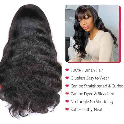 ROSELINE Body Wave Wigs with Bangs Human Hair Wigs for Black Women None Lace Front Wigs 150% Density Brazilian Virgin Hair Glueless Wig Natural Color 26inch