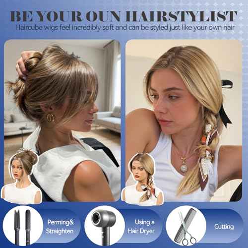 HAIRCUBE Human Hair Wig Lace Front Wig Glueless Wigs Layered Shoulder-Length HairWigs for Women, Ash Brown with White Bangs, Human Hair Blend, 13"¡¿5"¡¿1" HD Lace, 18 Inch Daily Use