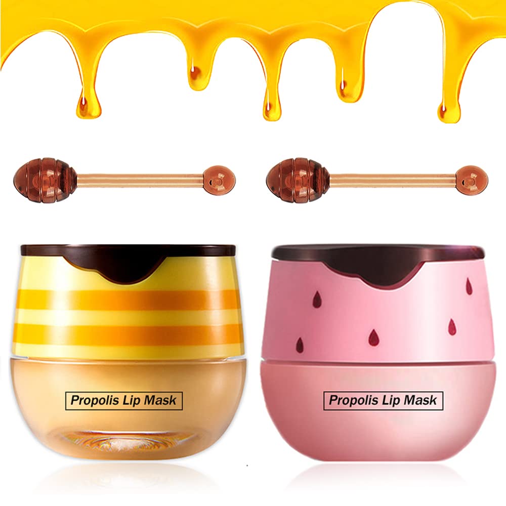 2PCS Bee Lip Balm Honey Pot,Strawberry & Honey Moisturizing Propolis Lip Mask,Hydrating Prevention Dry and Cracked Lip Scrubs Exfoliator,Lip Sleep Mask Reduces Lip Lines Lip Skin Care Products