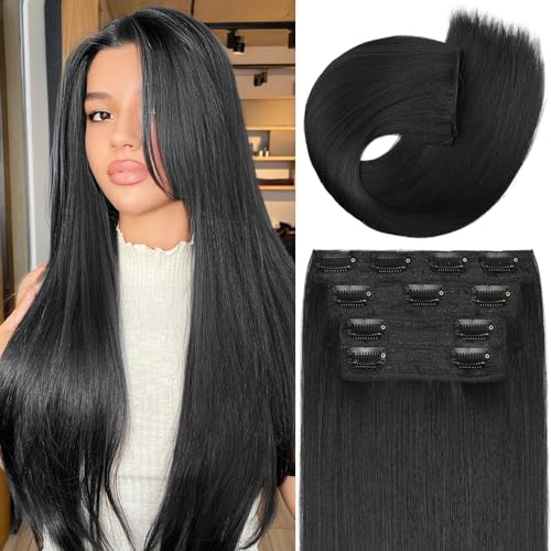 Clip in Synthetic Hair Extensions Black Long Straight 4PCS Thick Hairpiecesx Fiber Double Weft Natural Hair Extensions 22 Inch for Women