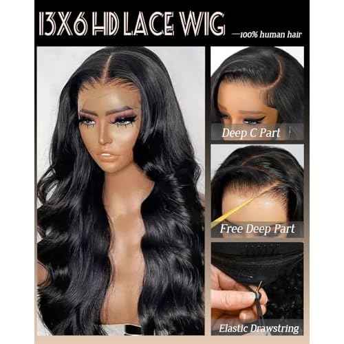 Sherico 13x6 Body Wave Lace Front Wigs Human Hair 180 Density HD Transparent Lace Frontal Wigs Human Hair Elastic Drawstring Glueless Wigs Human Hair Wig for Black Women(Black,22 Inch,body)