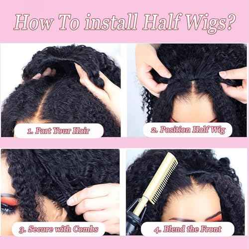 Curly Half Wig Human Hair 180% Density Deep Wave Glueless Wigs Upgrade 3 In 1 Wigs Beginner Friendly Seamless Flip Over Drawstring Curly Wig Ready to Go Headband Wig Natural Black Color 18 Inch