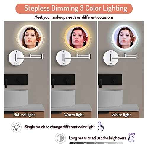 Rocollos Rechargeable Wall Mounted Lighted Makeup Mirror, 8 Inch Double-Sided LED Vanity Mirror 1X/7X Magnification,3 Color Lights Touch Screen Dimmable 360¡ÆSwivel 13 Inch Extendable