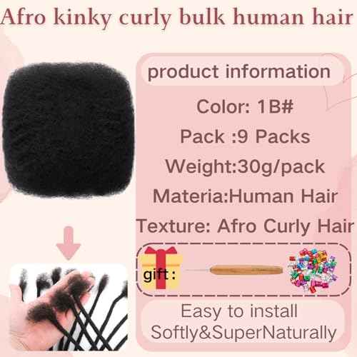 Afro Kinkys Bulk Human Hair for Dreadlock Extensions,Repair Locs, Twists and Braids, 270 Gram Each Package 100% Human Hair Afro Kinky Bulk Can be Dyed and Bleached (Natural Black, 10inch)