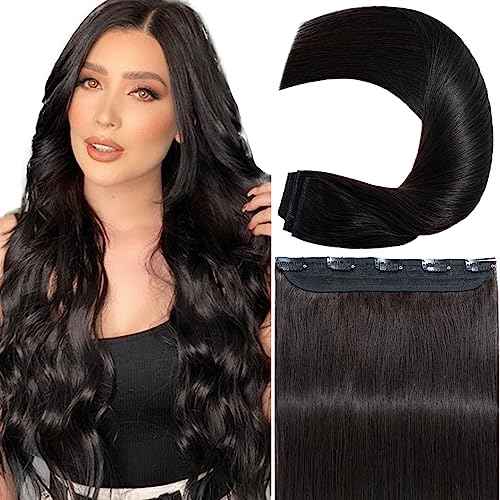 S-noilite Clip in Human Hair Extensions - 100% Real Hair, One Piece/5 Clips, 3/4 Full Head, Thicker Soft Straight (18"-90g, #1B Natural Black)