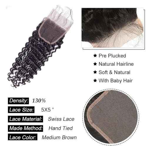 Deep Wave Bundles with Closure Human Hair 20 22 24 inch Wavy Curly Hair Extensions 5x5 HD Lace Closure Free Part 100% Unprocessed Virgin Hair with Closure