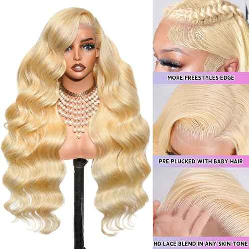 613 13x6 Lace Front Wig Human Hair 200 Density 30 Inch Body Wave Blonde Wig Human Hair 13x6 613 HD Lace Front Wig Virgin Human Hair Pre Plucked Natural Hairline Tiny Knots Tangle Free Shedding Free