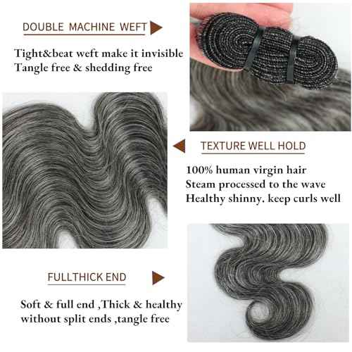 SIYUSI Salt and Pepper Human Hair Bundles 12 14 16 Inch Body Wave Human Hair 3 Bundles 100% Unprocessed 12A Brazilian Hair Weave Extensions Natural Gray-White Color