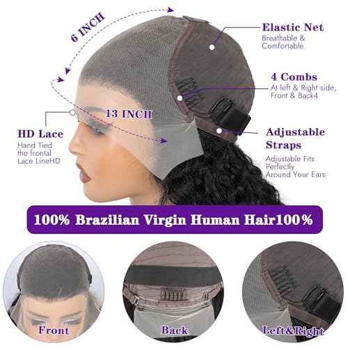 13x6 Deep Wave Lace Front Wigs Human Hair 200 Density Pre Plucked HD Transparent 100% Lace Frontal Wigs Deep Curly Wet and Wavy lace front human hair Wigs for Women£¨ 30 inch £¬ Natural Black£©