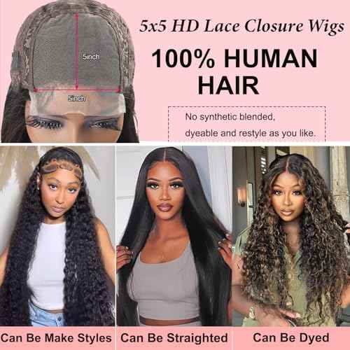 SODLIS 5x5 HD Lace Closure Wigs Human Hair Wear And Go Glueless Wigs Human Hair Pre Plucked With Baby Hair Ready to Go Deep Wave Lace Front Wigs Human Hair for Women (Black, 28 Inch, Curly)
