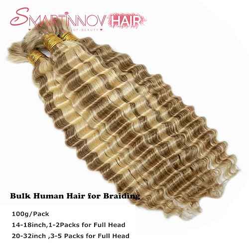Boho Braids Blonde Human Braiding Hair Deep Water Wave Bulk Human Hair 100g 24 Inch Curly for Boho Braids Hair Extensions No Weft 2 Bundles/Pack for Women Ombre Honey Blonde to Bleached Blonde