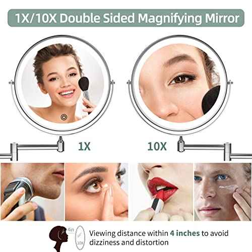 Rechargeable Wall Mounted Lighted Makeup Vanity Mirror 8 inch 1X/10X Magnifying Bathroom Mirror with 3 Color Lights, Double Sided with Dimmable LED Lights, Extended Arm 360¡Æ Swivel Extension Mirror