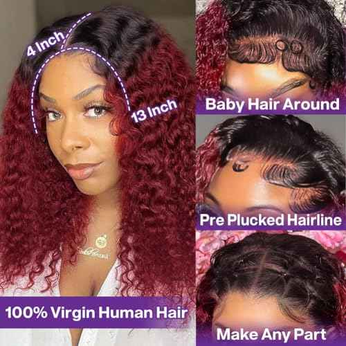 1B/99J Deep Wave BOB Wig Human Hair 18 Inch Ombre 99J Burgundy Lace Front Wigs Human Hair 13x4 HD Short Curly Frontal BOB Wigs For Black Women Human Hair Wear And Go Glueless Wine Red