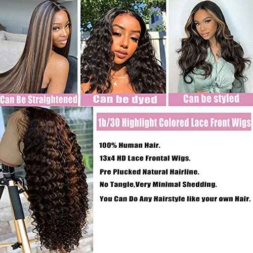 Highlight Ombre Lace Front Wig Human Hair Pre Plucked 1B/30 Black Brown 13x4 HD Lace Frontal Wigs Deep Wave Honey Blonde Human Hair Wigs for Black Women 180% Density 22 Inch