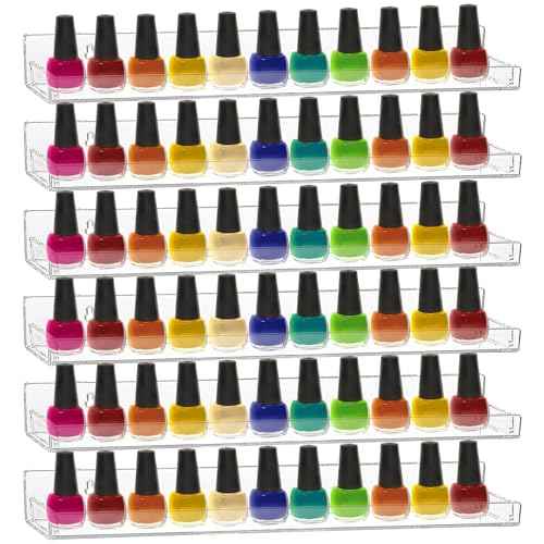 6 Pack Nail Polish Rack, Wall Mounted Organizer Shelf With Removable Anti-slip End Inserts, Clear Acrylic Display Holder for 90 Bottles