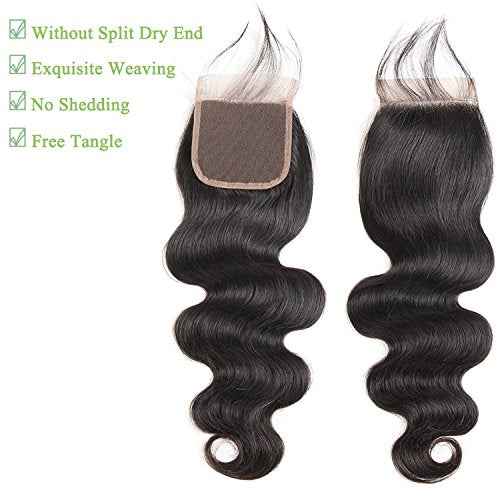 beauty youth Brazilian Hair Body Wave Human Hair Bundles With Closure(14 16 18 + 12) Body Wave Lace Closure with Bundles Unprocessed Body Wave Human Hair Extensions Weave with Closure Natural Color