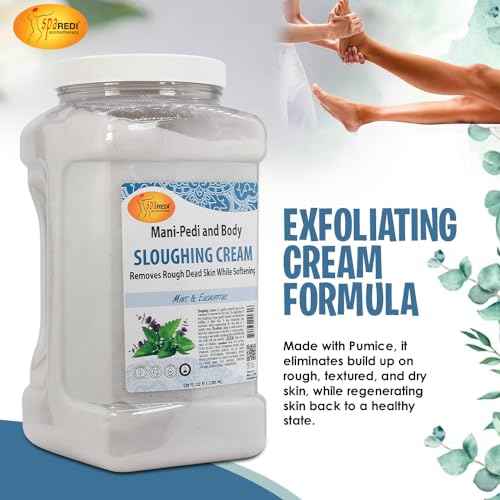 SPA REDI - Foot Cream, Sloughing Lotion, Mint and Eucalyptus 128 Oz - Pedicure Massage Foot Care for Dry Cracked Feet, Scrub Gently, Exfoliating, Smooths and Eliminates Buildup of Dead Skin