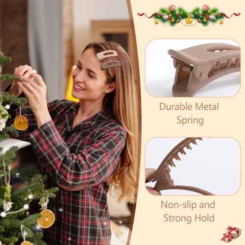 12PCS Flat Hair Clips, Flat Claw Clips for Thin Hair, Matte Lay Down Claw Clips for Women, 3 Sizes Alligator Hair Clips, Christmas Hair Accessories, Brown