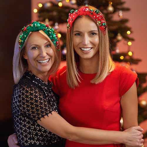 2 Pack Christmas Headband for Women Pearl Rhinestone Crystal Jeweled Xmas Flower Embellished Ladies Wide Top Knot Red Green Makeup Hair Hoop Accessory Holiday Party Costume Decor Prezzie
