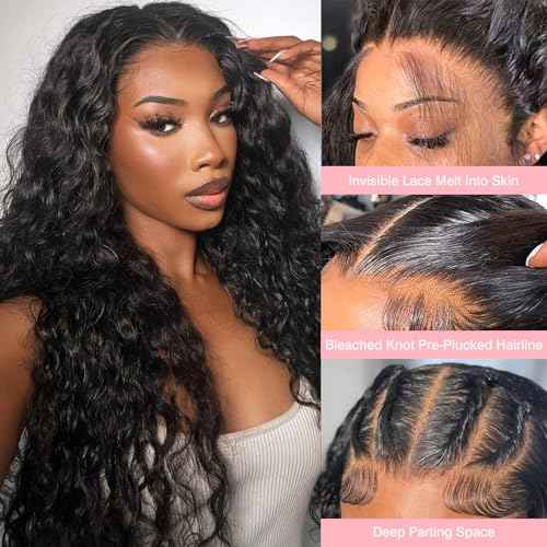 13x6 Deep Wave Lace Front Wigs Human Hair HD Full Lace Frontal Wigs Pre Plucked Bleached Knots 180% Density Deep Curly Human Hair Wig Natural Color 26Inch