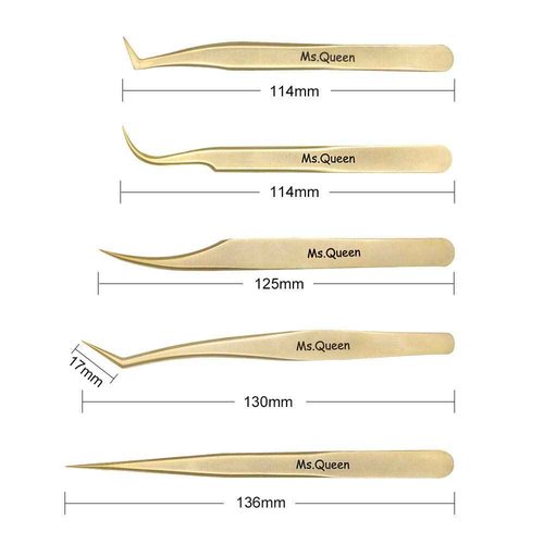 Ms.Queen Eyelash Extension Tweezers-Precision Tweezers for 2D-6D Volume&Individual False Lashes Extensions-Golden-5pcs Tweezers Set