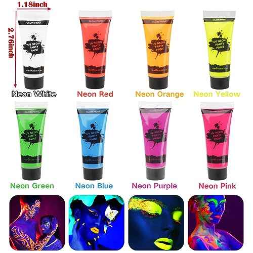 MEICOLY Glow Blacklight Face Paint,Neon UV Body Paint Set of 8 Tubes Blacklight Reactive Paints,Glow in the Dark Body Paint Neon Party Supplies,Neon Fluorescent Face Paint Blacklight Glow Makeup
