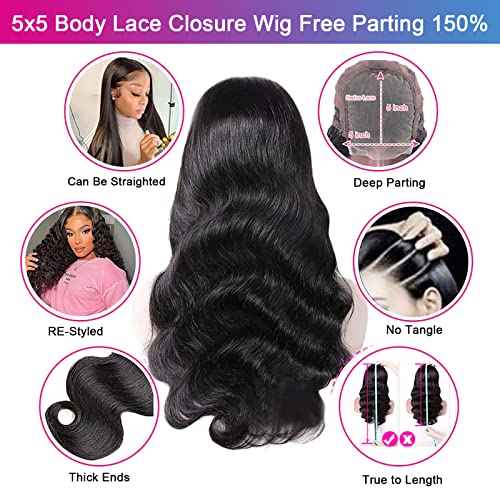 Aaliweya 5x5 HD Lace Closure Wigs Human Hair Body Wave 5x5 Lace Front Wig for Women 180 density Glueless Lace Closure Wig Pre Plucked with Baby Hair Super Soft Natural Black 22inch