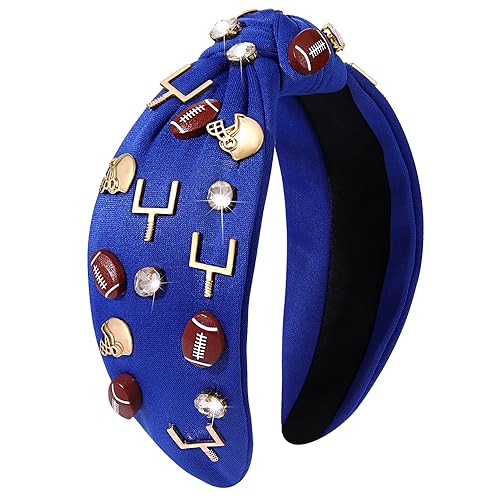 Football Headband for Women Football Accessories Beaded Football Rhinestone Crystal Knotted Headband Jeweled Embellished Game Day Top Knot Headband Football Mom Hair Accessories (A-Blue Football)