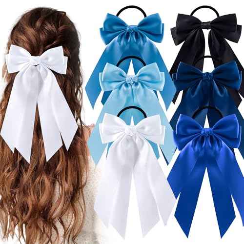 6Pcs Bow Hair Ties Non-Damage Ponytail Holders Hair Bows Ribbon for Women Fashion Bows Accessories for Girls Elastic Hair Bands(White/Blue/Black)