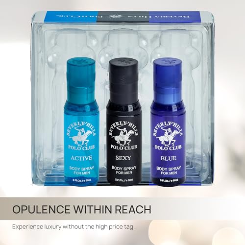 Beverly Hills Polo Club Men's Signature Body Spray Collection | 3-Piece Set: Blue, Active, Sexy | Versatile Fragrances for Every Occasion | Travel-Friendly 3 fl oz Each | Premium Grooming Gift for Him