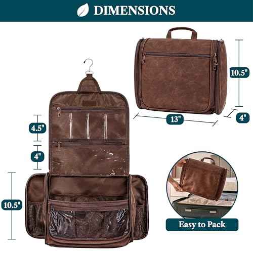 PAVILIA Large Hanging Toiletry Bag Travel Bag Women Men, PU Leather Cosmetic Organizer, Water Resistant Makeup Bag Accessories Toiletries, Travel Essentials Kit, Brown