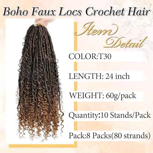 24inch Goddess Locs Crochet Hair 8 Packs with Curly Ends Pre-Looped Long Bohemian River Synthetic Soft Locs for Women(30inch T30)