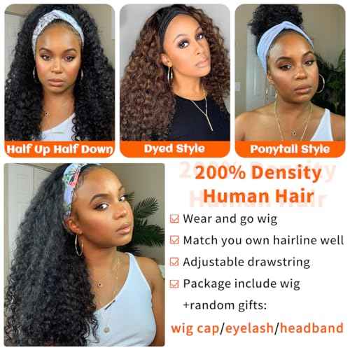 200 Density Headband Wig Human Hair Glueless Wigs Curly Wig Human Hair Deep Wave Wig for Black Women 16 Inch Wear And Go Beginner Friendly Natural Black Brazilian Virgin Hair