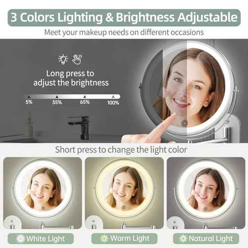 Rechargeable Wall Mounted Lighted Makeup Vanity Mirror 8 inch 1X/10X Magnifying Bathroom Mirror with 3 Color Lights, Double Sided with Dimmable LED Lights, Extended Arm 360¡Æ Swivel Extension Mirror